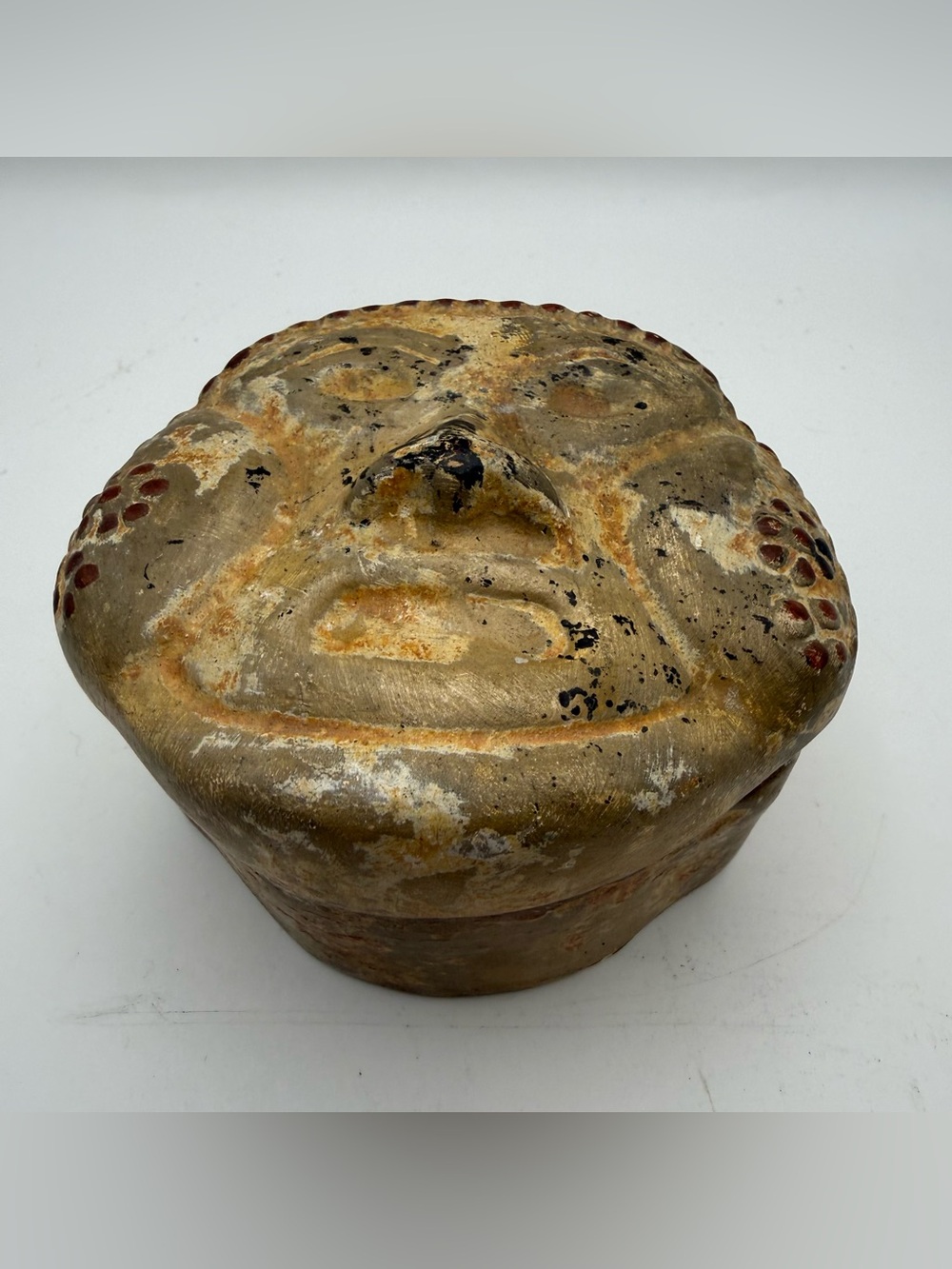 Aztec Mayan Style Effigy Lidded Trinket Box Pottery Human Face Covered Vessel 4"